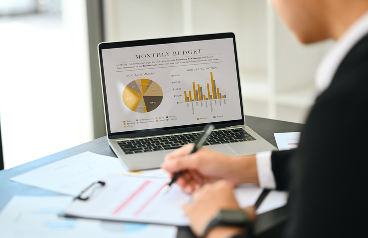 Professional economist working on laptop and checking statistic document at office desk.
